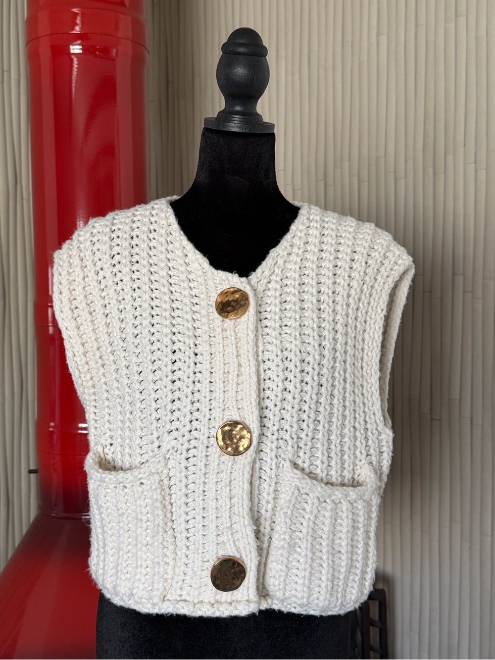 Chunky Knit Vest with Hammered-look Gold Buttons